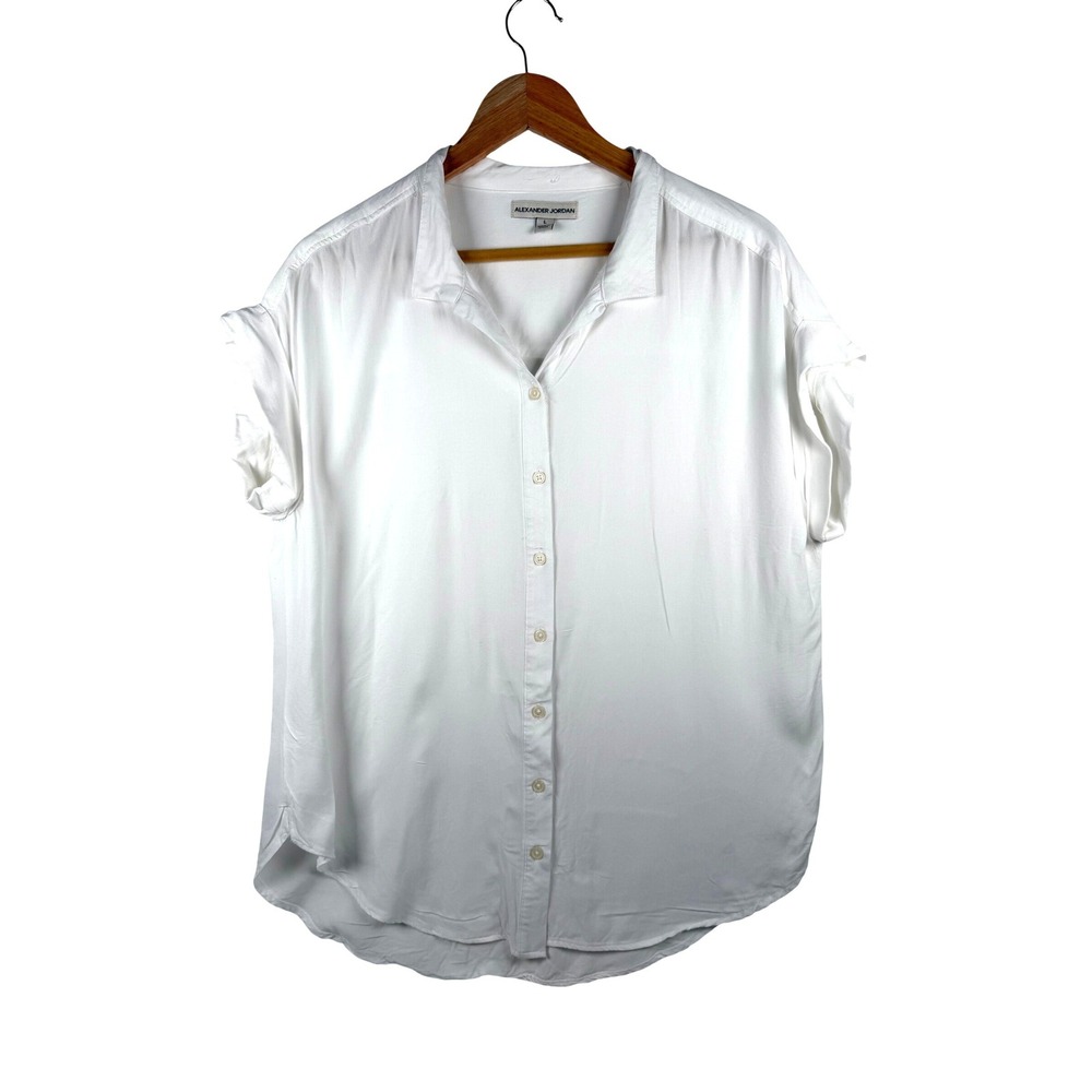 Alexander Jordan Button Down Top Womens Large White Rayon Short Sleeve Blouse
